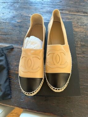 CHANEL Beige and Black Leather Espadrille Flats